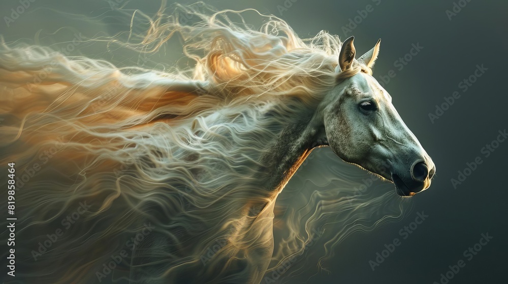 A surreal depiction of a racehorse transforming into wind, its form blurring and merging with the air as it speeds down the track A surreal depiction of a racehorse transforming into wind, its form blurring and merging with the air as it speeds down the track