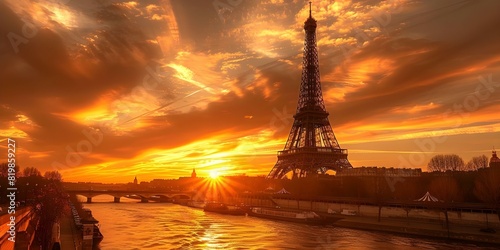 Sunset at Eiffel Tower in Paris iconic landmark silhouette against sky. Concept Landmarks, Paris, Travel, Sunset, Eiffel Tower © Ян Заболотний