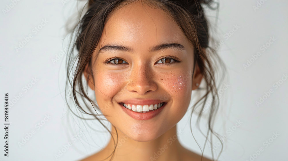 Happy Asian woman with clear skin and a radiant smile, posing against a white backdrop Happy Asian woman with clear skin and a radiant smile, posing against a white backdrop