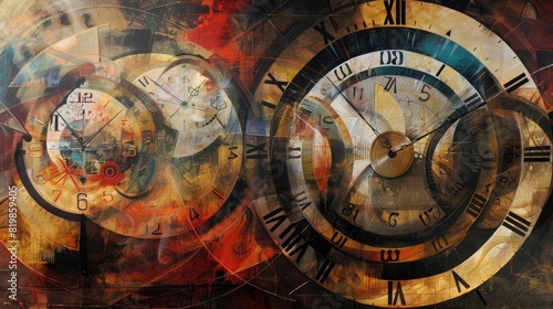 An abstract representation of time, with swirling clocks and hourglasses merging and diverging.