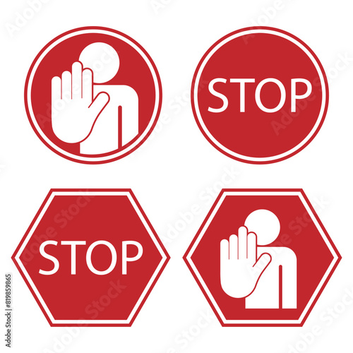 Bundle set circle and hexagon sign do not enter, prohibition with stop palm hand gesture in red isolated label