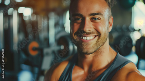 Closeup of smiling muscular man gym instructor coach with blur background of gym equipment, Physical fitness concept photo