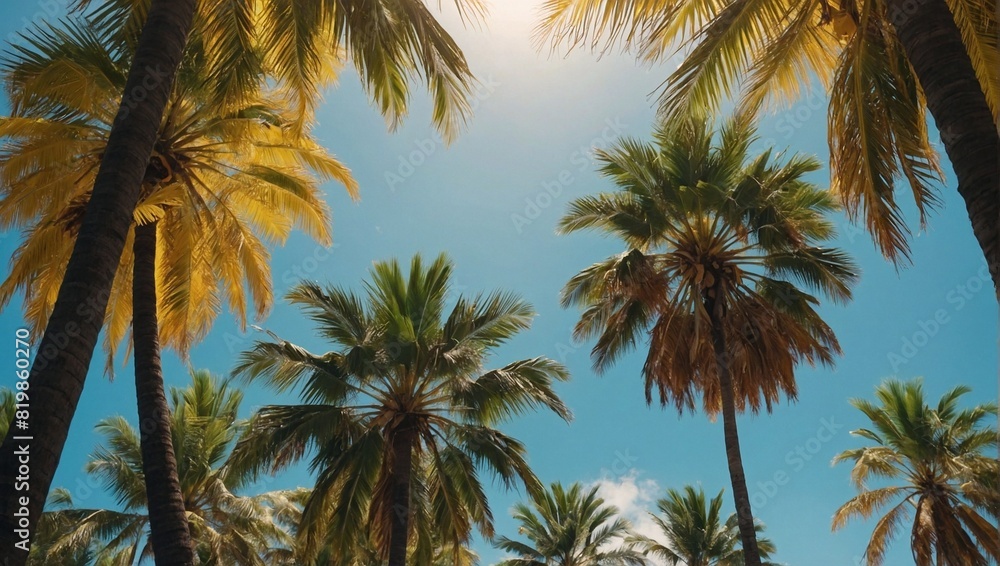Summer background with palms and sun high palm trees and bright sun on yellow and blue background Summer background with palms and sun high palm trees and bright sun on yellow and blue background