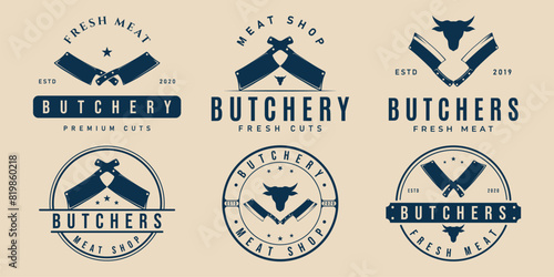 set of butcher knife logo vintage, butchery meat shop vector illustration design template