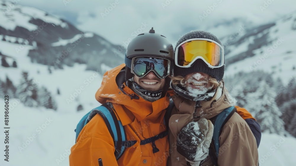 gay couple snowboarders posing at the camera in winter gay couple snowboarders posing at the camera in winter