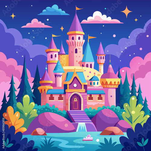 Whimsical fairy tale castle backgrounds with dreamy colors for children’s entertainment or fantasy novels.1 © Asim-Backgrounds