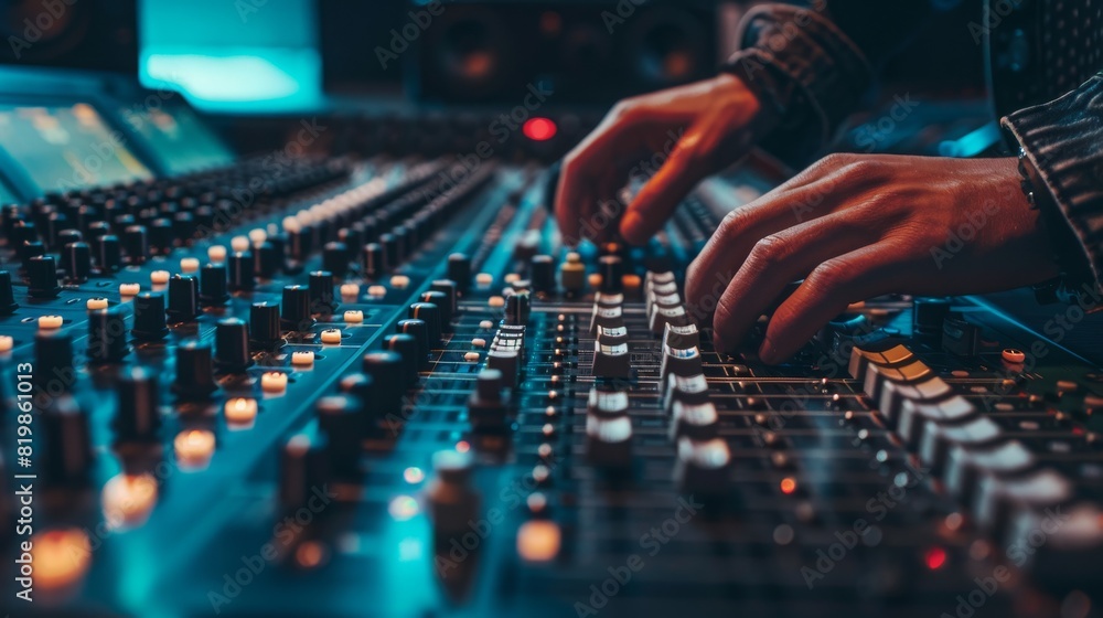 Obraz premium Music mixing board. DJ. Close-up of recording. Background audio track in dark recording Aesthetics of industrial machinery, multimedia, bright colors