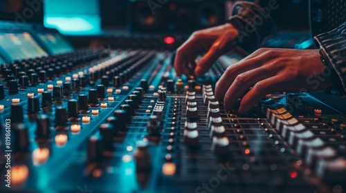 Music mixing board. DJ. Close-up of recording. Background audio track in dark recording Aesthetics of industrial machinery, multimedia, bright colors