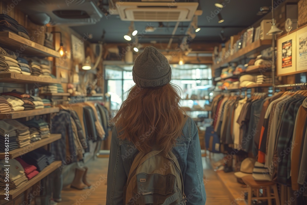 Woman walking through clothing store