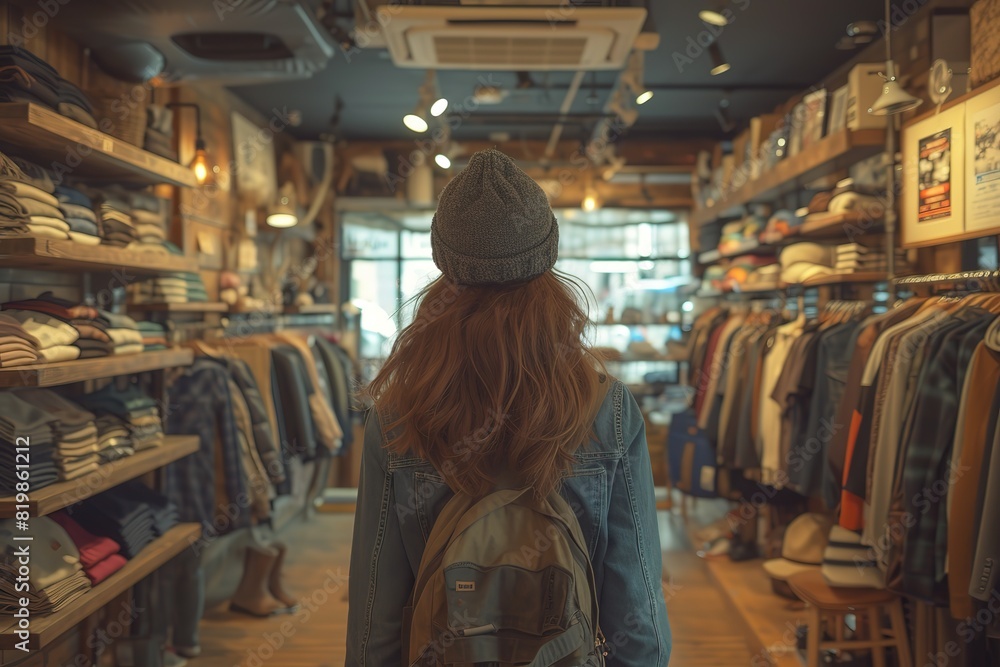 Woman walking through clothing store Woman walking through clothing store