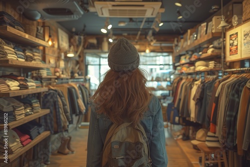 Woman walking through clothing store