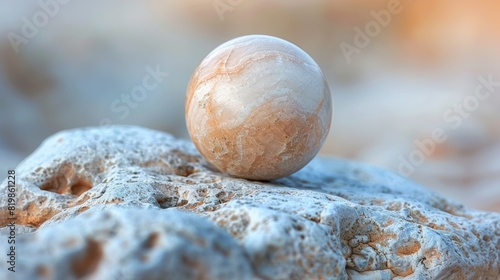 A rock with a small egg on top of it sitting in the sand  AI