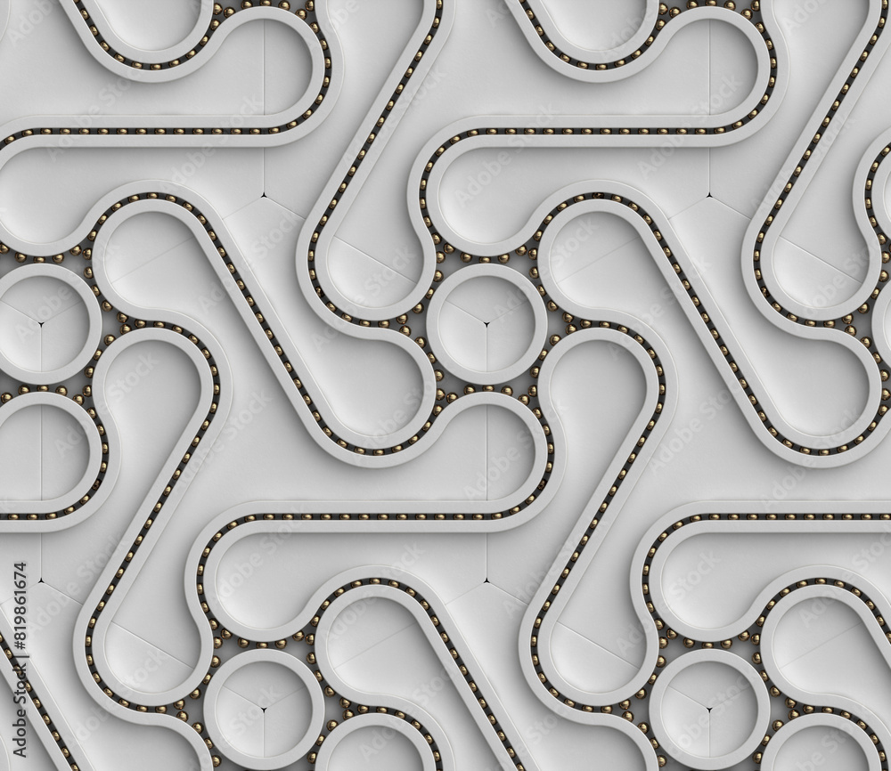 3D gray metal wall with three dimensional ribbon shapes connected by silver hinges located above the hexagons. High quality seamless realistic texture. 3D gray metal wall with three dimensional ribbon shapes connected by silver hinges located above the hexagons. High quality seamless realistic texture.