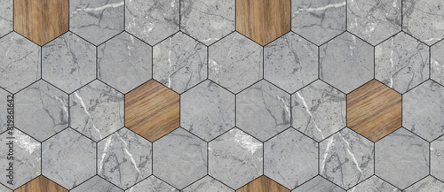 Wallpaper of hexagon tiles of solid marble with white seams. High quality seamless realistic texture.