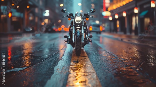A black motorcycle is parked on a wet city street at night. The street is empty except for a few parked cars.
