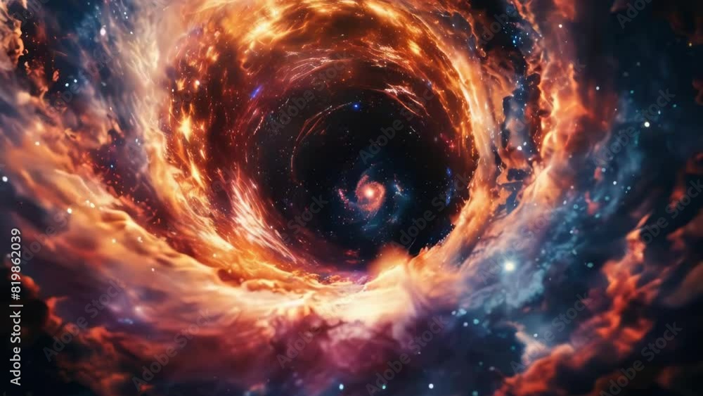 A large, orange, and blue hole in space with stars and clouds surrounding it. Scene is mysterious and awe-inspiring A large, orange, and blue hole in space with stars and clouds surrounding it. Scene is mysterious and awe-inspiring