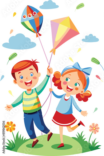 Flat illustration of a happy children are flying kites, vector illustration.
