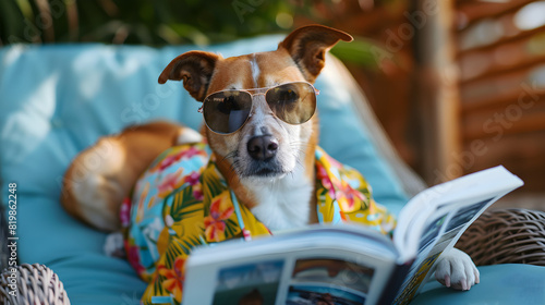 A funny cool dog in a Hawaiian shirt and sunglasses is lying on a deckchair and reading a magazine on the beach. Concept of creative animals, jokes