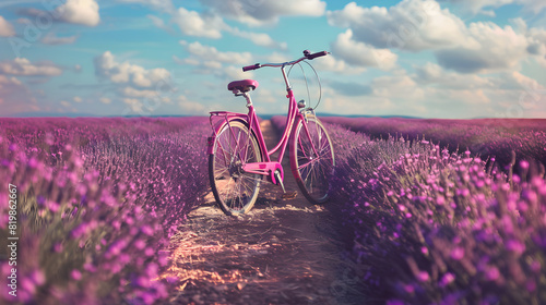 Purple women's bicycle in the middle of a lavender field. June 3 is World Bicycle Day photo