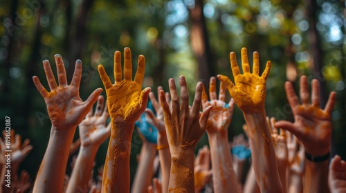 A group of people are holding up their hands in the air, covered in yellow paint