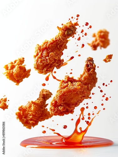 Hot and spicy chicken wings with a splash of hot sauce. photo