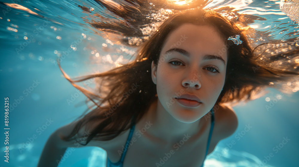 tranquil embrace of the swimming pool, a woman revels in the freedom of underwater swimming, her movements graceful and fluid as she navigates the clear blue depths.