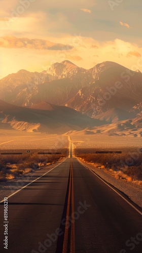 A long road stretches across a desert with mountains in the background