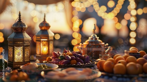 A table with a variety of food and lanterns, including a lit lantern