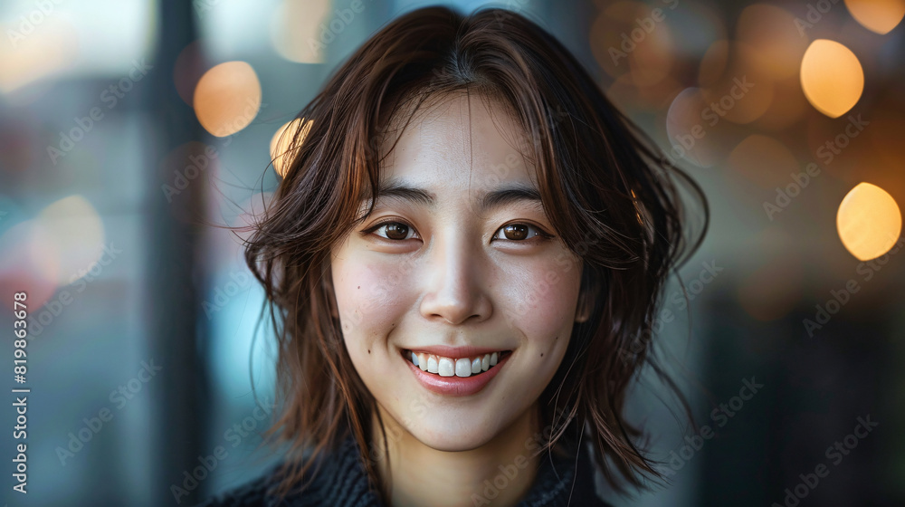 Obraz premium Smiling Korean woman with flawless skin, radiating happiness and natural beauty