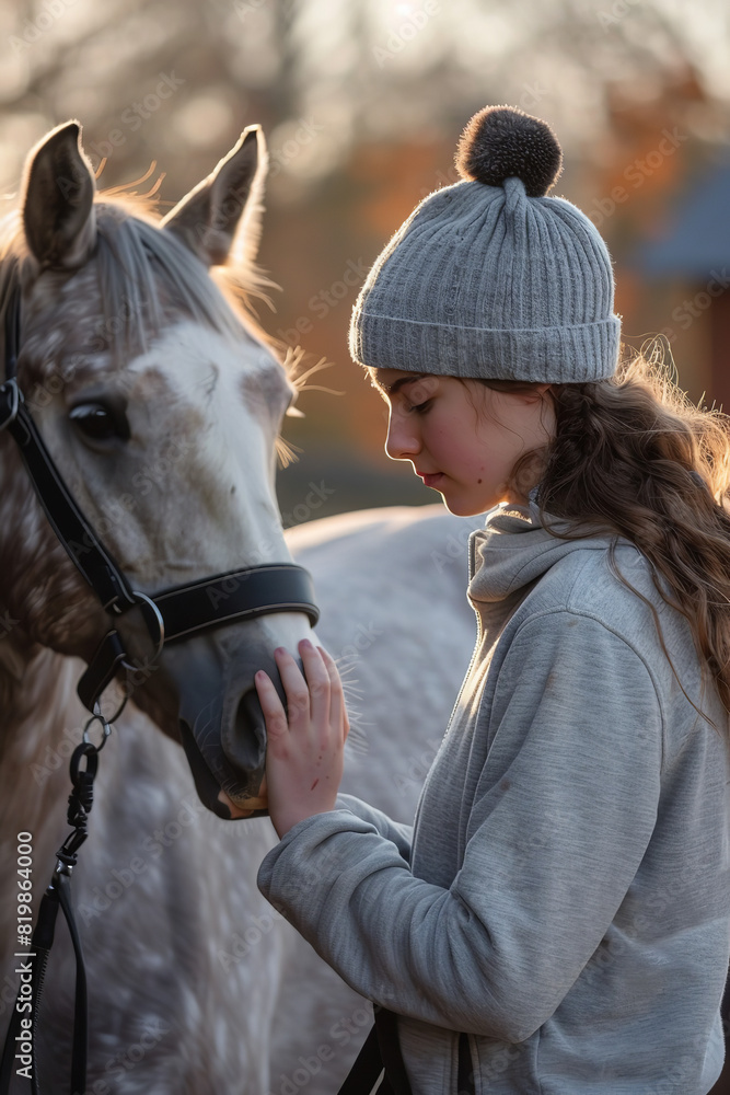 Obraz premium Gentle Morning Grooming Session of Grey Horse by Young Rider