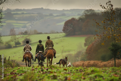 Traditional Fox Hunt with Riders and Hounds in Picturesque Hills  