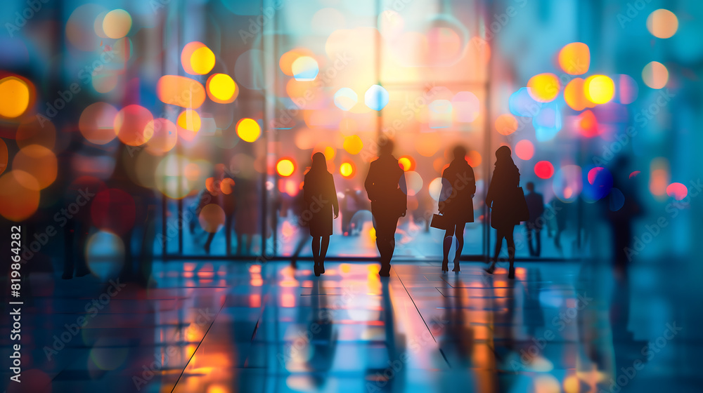 A blurred, colourful cityscape with silhouettes of people walking. The vibrant lights and bokeh effect create a sense of movement and energy, representing the hustle and bustle of urban life. A blurred, colourful cityscape with silhouettes of people walking. The vibrant lights and bokeh effect create a sense of movement and energy, representing the hustle and bustle of urban life.