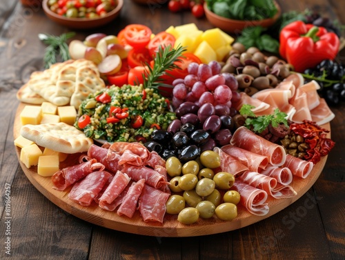 A platter filled with assorted meats, cheeses, olives, and tomatoes, showcasing a vibrant Moroccan presentation