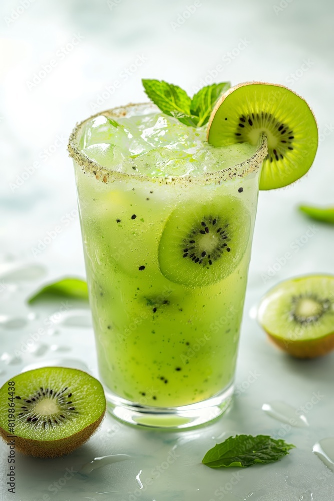 A glass of green drink with a slice of kiwi on top A glass of green drink with a slice of kiwi on top