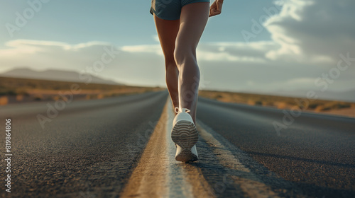 A female athlete runs with fierce determination along an empty highway road, her focused gaze fixed on the horizon in a dramatic close-up shot.