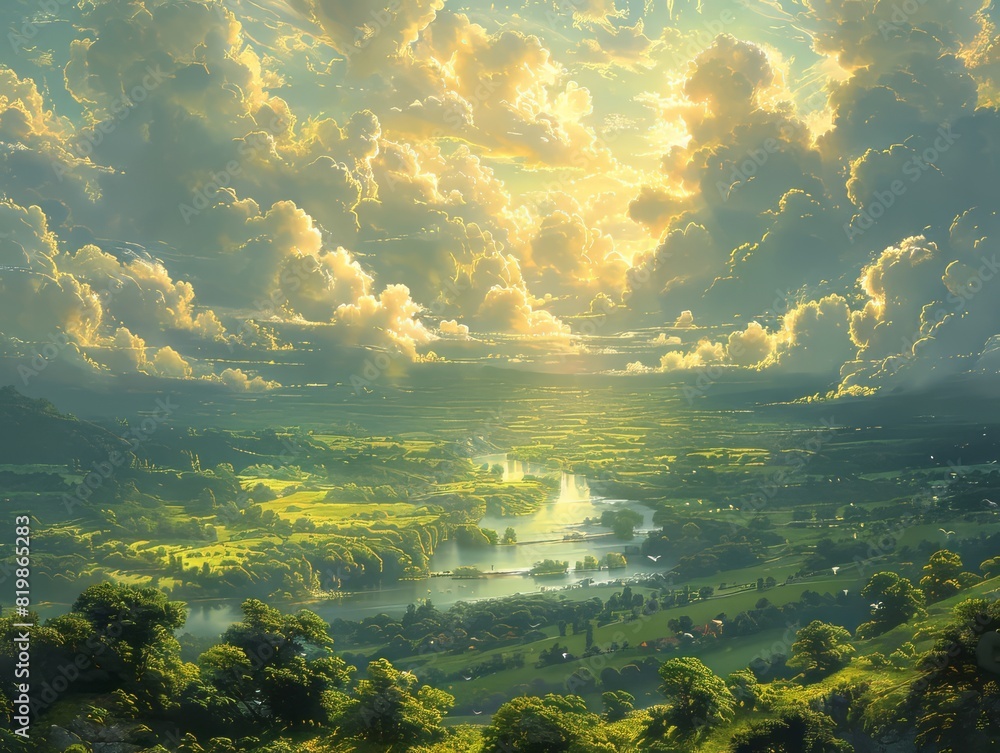 A breathtaking landscape with a winding river, lush greenery, and dramatic cloud formations illuminated by the golden sunlight. A breathtaking landscape with a winding river, lush greenery, and dramatic cloud formations illuminated by the golden sunlight.