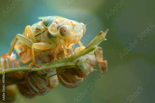 A beautiful close-up photograph of a green and yellow cicada on a branch. The cicada is perched on the branch and looking at the camera © Suphakorn