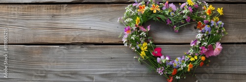 Heart shaped wreath made of colorful wildflowers, hanging on a wooden background
