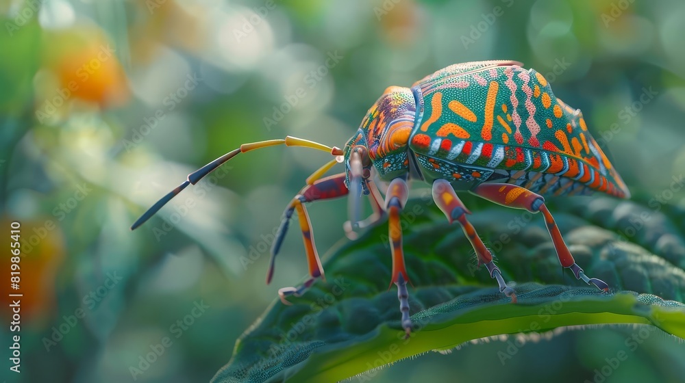 Fototapeta premium A hyper-realistic colorful bug sitting on a leaf, the bug should have vibrant colors and intricate details.