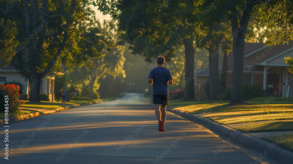Obraz premium a man embarks on a solitary run through the tranquil beauty of a suburban neighborhood. The quiet streets stretch out before him, lined with trees and neatly manicured lawns,