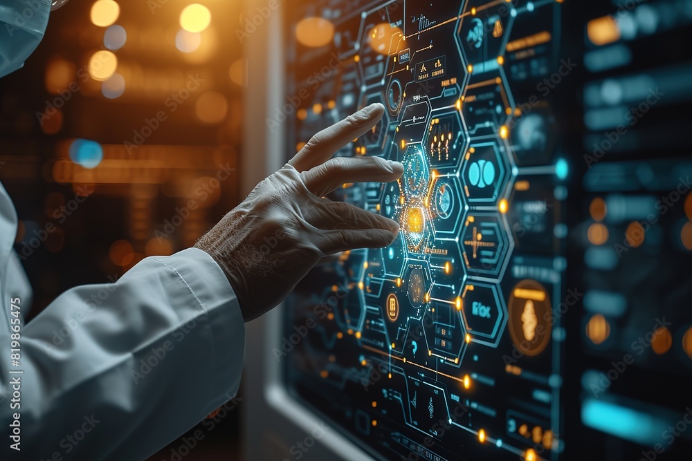 A doctor, surgeon, touches medical and healthcare icons on a virtual screen on dark background featuring medical technology health care backgrounds A doctor, surgeon, touches medical and healthcare icons on a virtual screen on dark background featuring medical technology health care backgrounds