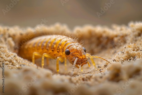 A closeup of a sand flea on sand