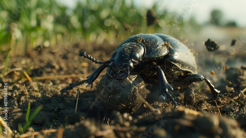 A dung beetle rolls a ball of dung across the ground © Suphakorn