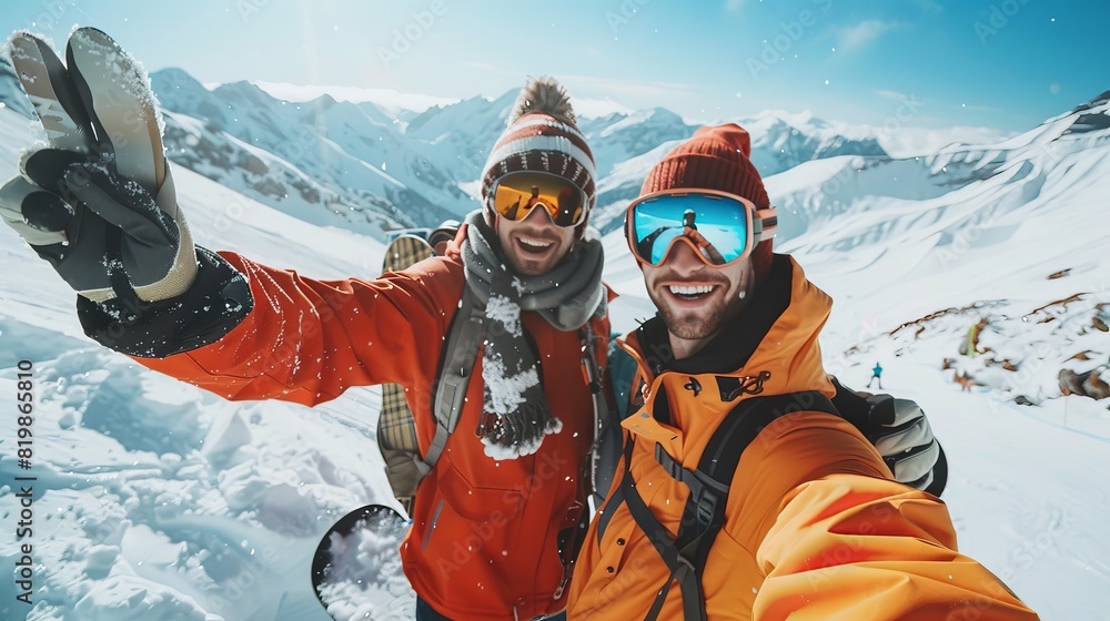 gay couple snowboarders posing at the camera in winter