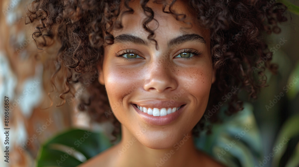 Smiling young woman with a natural expression, showcasing her beauty and wellness Smiling young woman with a natural expression, showcasing her beauty and wellness