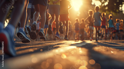 Children and young athletes run with determination and zeal through a bustling cityscape, their feet pounding the pavement in a kids' race.