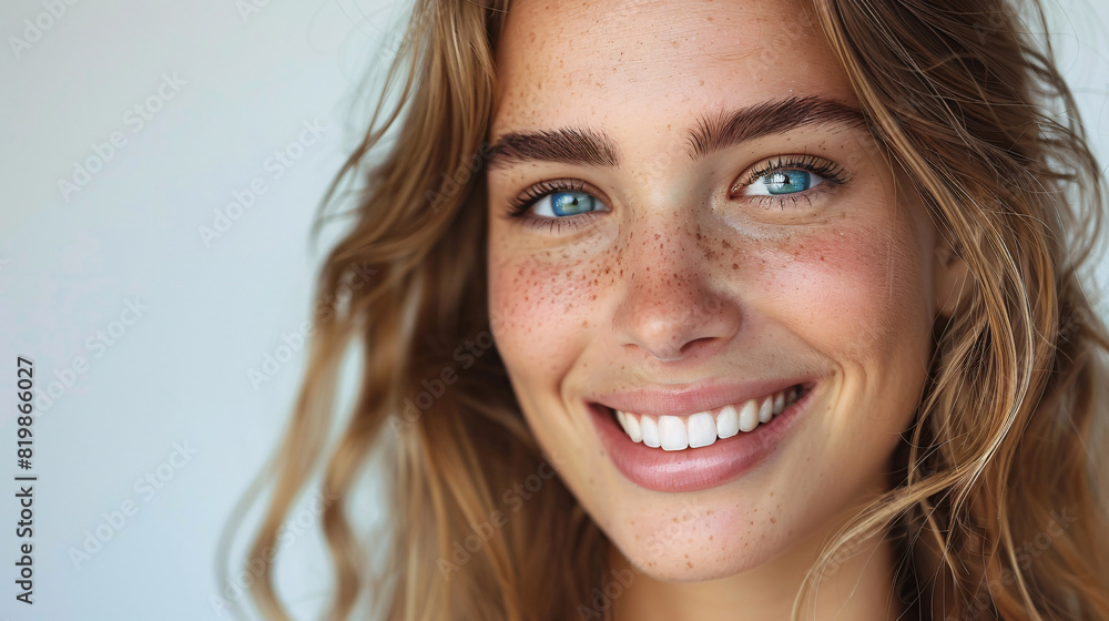 Smiling young woman with a natural expression, showcasing her beauty and wellness Smiling young woman with a natural expression, showcasing her beauty and wellness