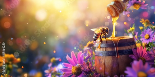 A bee meticulously collecting honey from a wooden barrel amidst a vibrant garden of blooming flowers, highlighting the beauty of natural pollination photo