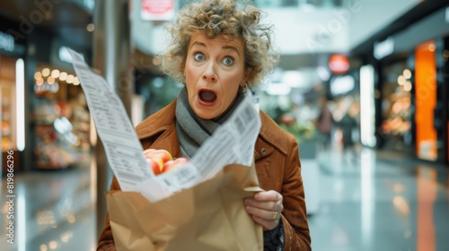 Woman Shocked by Grocery Receipt photo