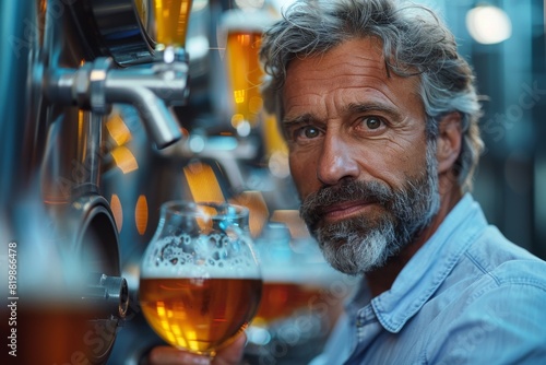 A cheerful mature man holds a glass of beer while in a brewery with brewing equipment